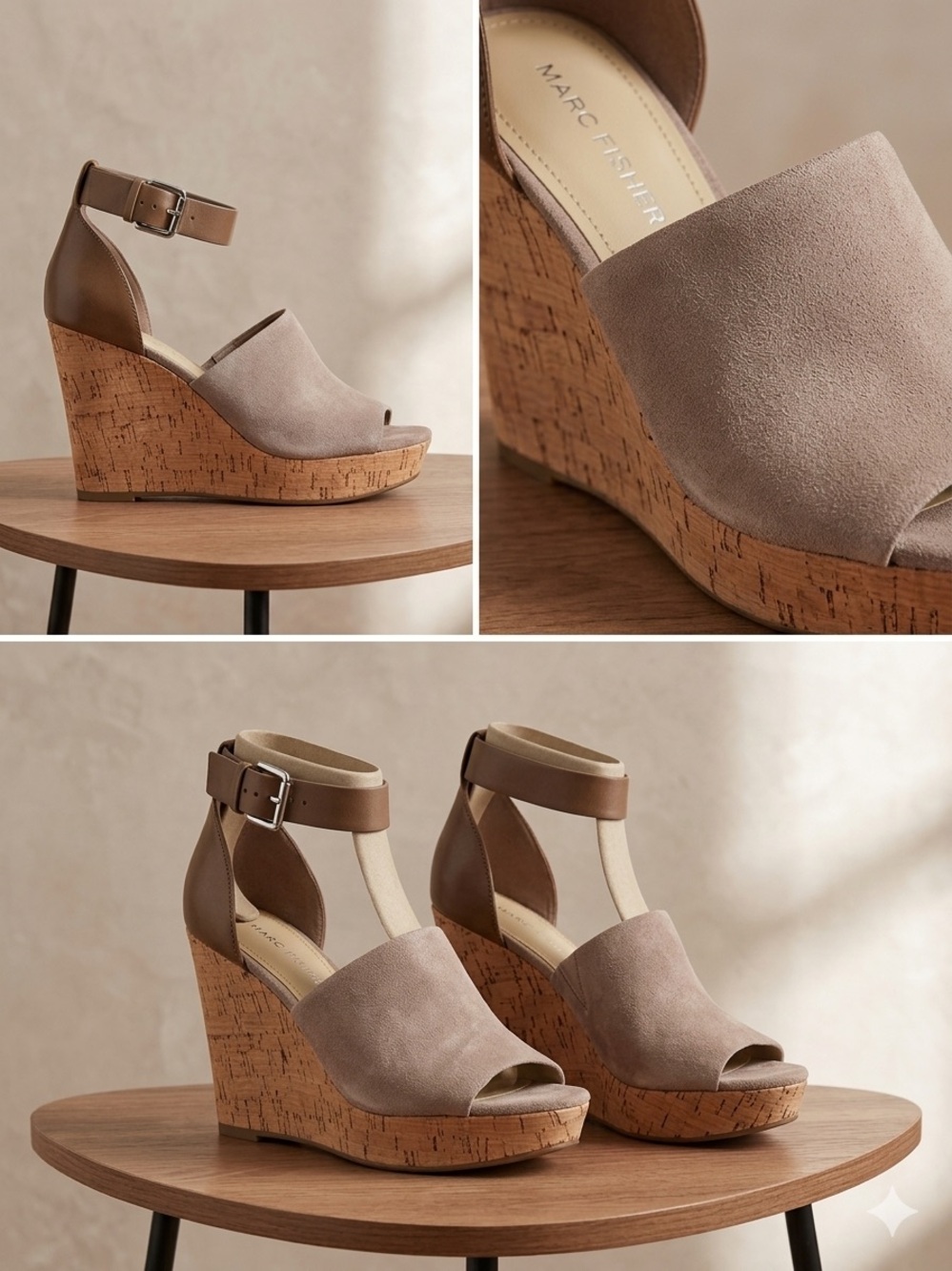 Marc Fisher Taupe Suede & Cork Wedge Sandals